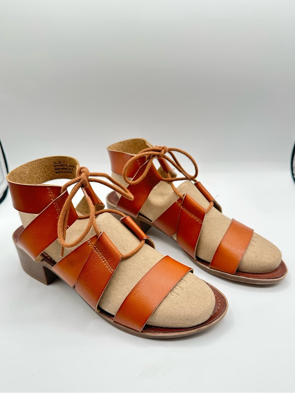 Women's CAMEL Leather Strappy Block Heel Sandals with Lace-Up Detail SZ 7 - Picture 1 of 5